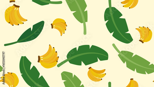 Banana and green banana leaves cute seamless pattern. Tropical yellow fruit on light yellow background