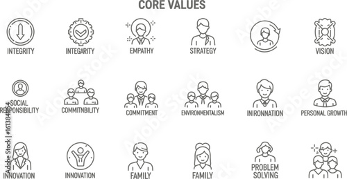 Core values represented by icons depicting business and personal growth