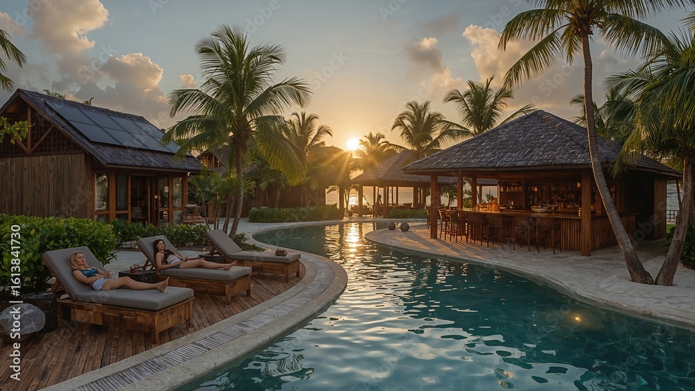 Fototapeta premium Tropical Sunset Poolside Relaxation at a Luxurious Resort