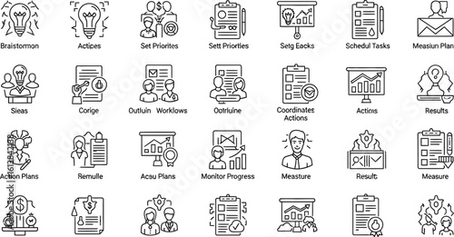 Collection of business and management icons representing various tasks