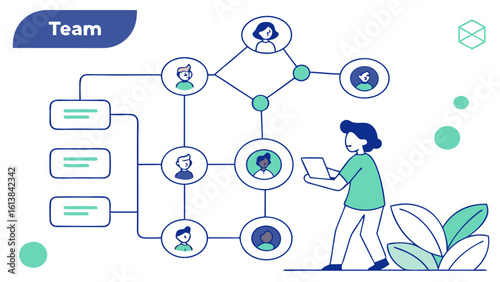 Modern flat illustration of a diverse team structure and collaboration showcasing interconnected individuals and tasks