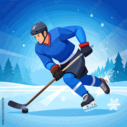 Ice hockey player skating swiftly, puck control, winter landscape backdrop.