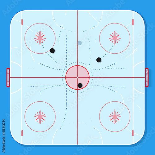 Overhead view of an ice hockey rink with puck trajectories and zones.
