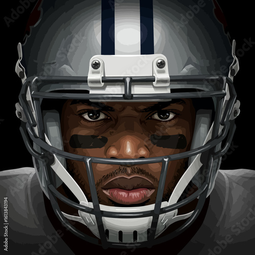 Close-up portrait of a determined American football player wearing a helmet.