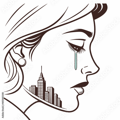 A vector illustration of a crying face with a stylized tear. A double exposure concept showing a sad woman's profile combined with a city skyline, representing urban loneliness.