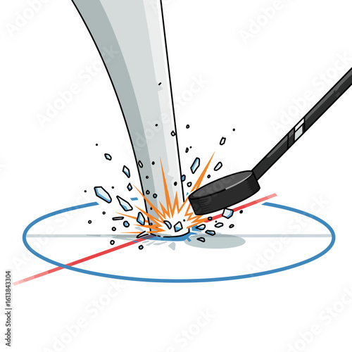 Hockey puck impact;  forceful shot, ice shattering,  stick and puck collision.