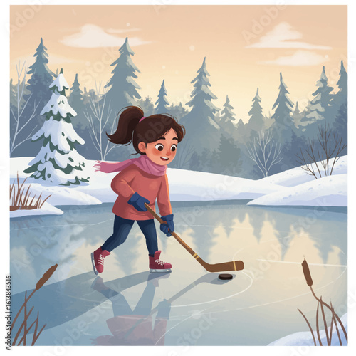 Girl ice skating and playing hockey on a frozen pond at sunset, winter wonderland scene.