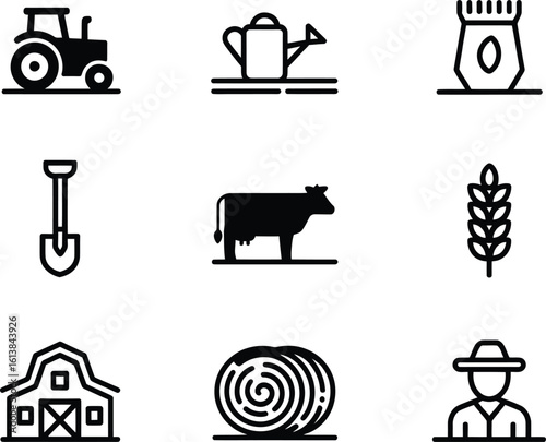 Collection of farm icons representing agriculture and rural life