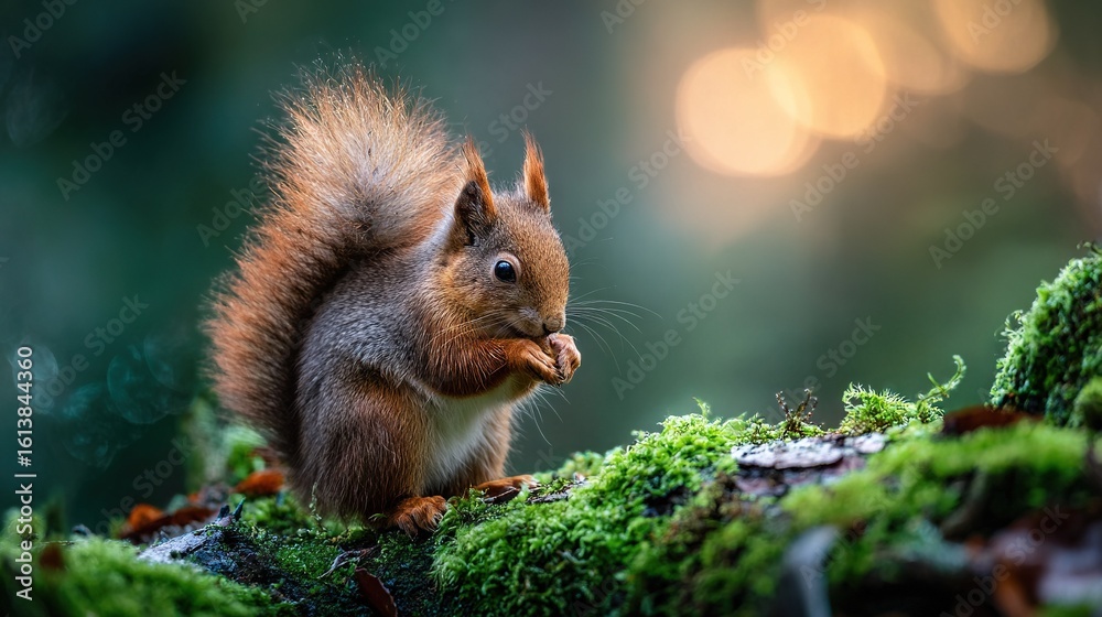 Obraz premium A squirrel eating food on a mossy tree branch in a forest, lit by boke