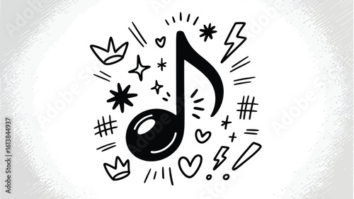 Musical note surrounded by playful doodles black white