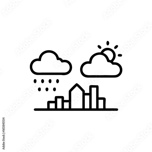 Outline icon rain clouds over city skyline with sun weather