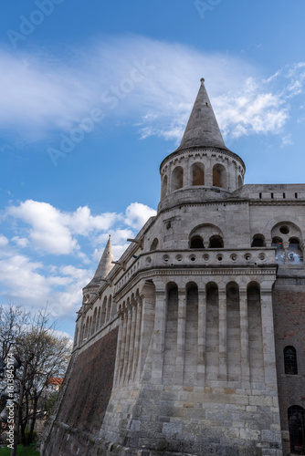 Fisherman`s Bastion is historical monument in Buda Castle District, Budapest, Hungary.  Vertical image
