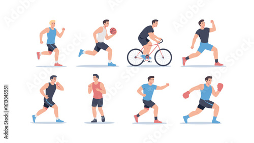 Active Lifestyle: Cartoon Men Exercising with Sports Gear for Fitness or Healthy Habits; Running, Cycling, Basketball and Boxing Activities