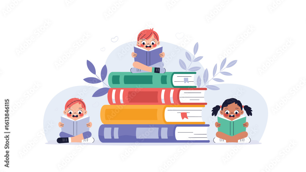 Naklejka premium Cartoon Children Reading Books Stacked High: A Joyful Learning Experience for Young Readers and Early Education Resources, Featuring Happy, Engaged Kids