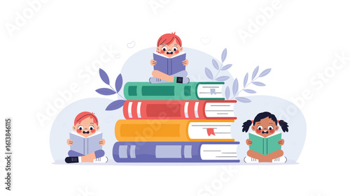 Cartoon Children Reading Books Stacked High: A Joyful Learning Experience for Young Readers and Early Education Resources, Featuring Happy, Engaged Kids