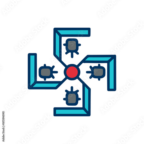 Abstract swastika symbol with four small objects isolated on white background