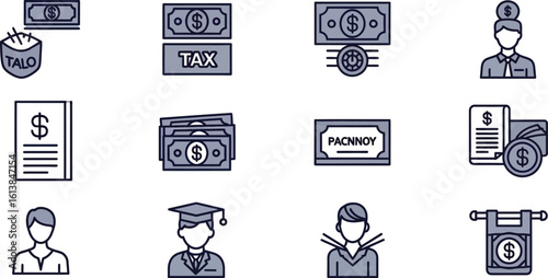 Illustration showing financial and educational icons on a white background