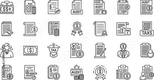 A set of outline icons representing financial and auditing concepts