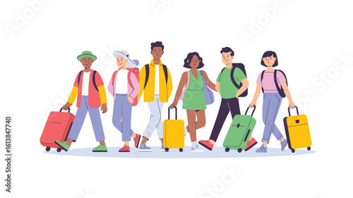Group of diverse travelers with suitcases and backpacks, ready for a vacation or business trip, isolated on a clean white background, illustration art