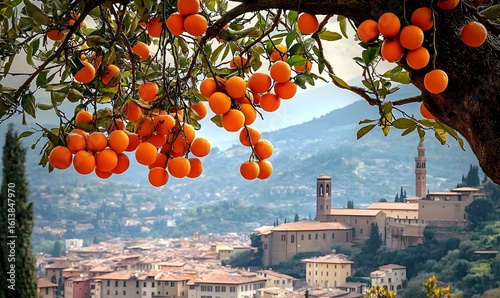 Vibrant orange tree full of ripe fruits in a sunny Tuscan garden
