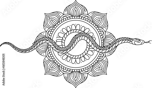 Snake coiled within a circular mandala pattern serpent