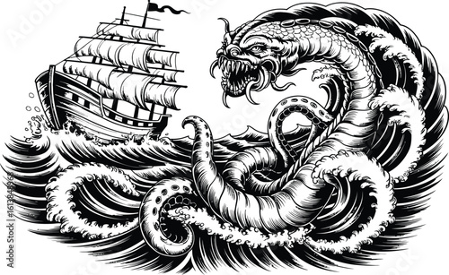 Kraken attacking a tall sailing ship in rough seas