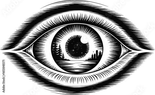 Stylized eye reflecting a nighttime landscape with city