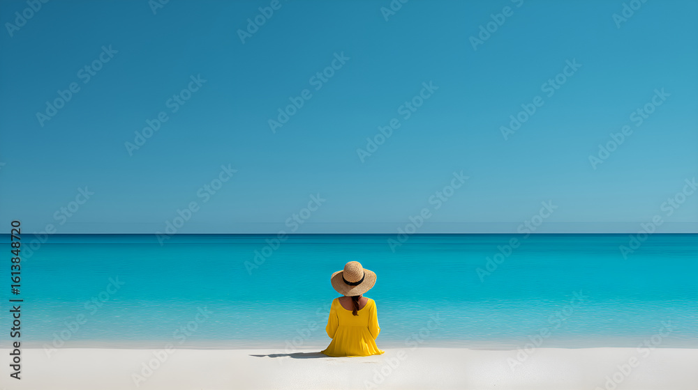 Obraz premium Woman wearing yellow dress and straw hat enjoying turquoise sea on white sand beach
