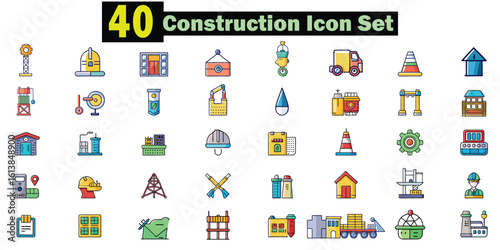 Colorful flat icons representing construction industry elements and equipment building