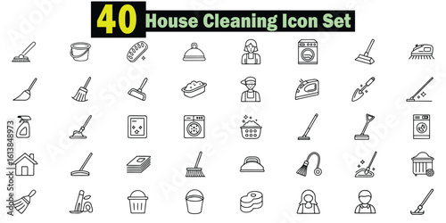 Forty Black Outline House Cleaning Icons on White Background home