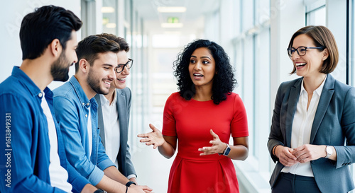 A female manager of Indian descent leading a productive discussion with her diverse team in an office hallway.