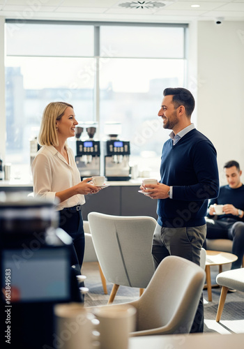 A male and female colleague networking during a coffee break in a modern, upscale office lounge.