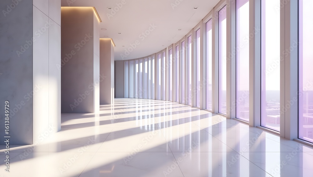 Fototapeta premium Modern Curved Corridor with Purple Glass Panels