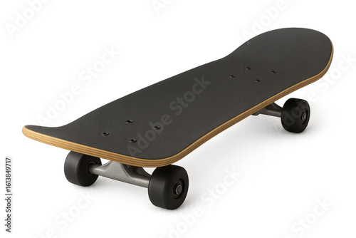 Black skateboard on transparent background showing its parts
