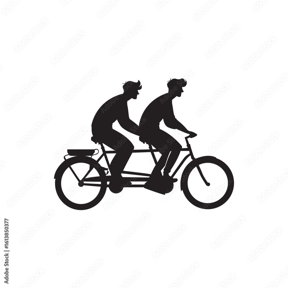 Fototapeta premium Tandem bike silhouette. Two riders on a tandem bicycle silhouette evoking teamwork and joy.