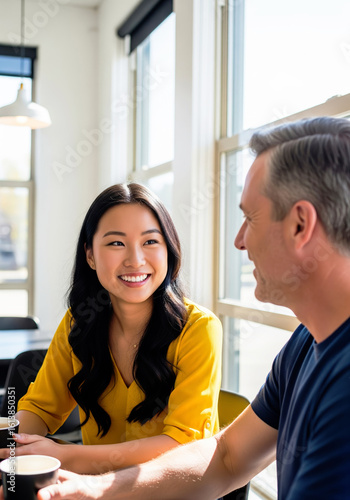 A young Asian employee smiles while listening to her senior male colleague during an informal meeting in a bright office lounge.