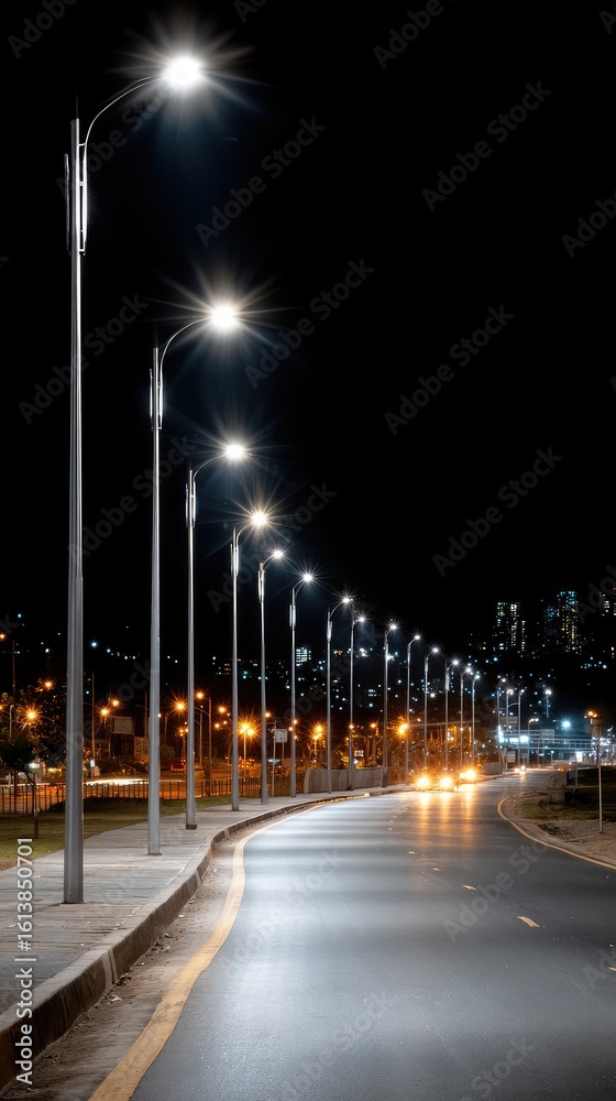 The winding road glimmers under moonlight, with city lights and distant hills creating an enchanting urban vibe The winding road glimmers under moonlight, with city lights and distant hills creating an enchanting urban vibe