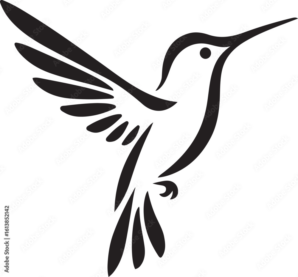 Obraz premium Hummingbird with wings spread silhouette, Black vector of bird in flight