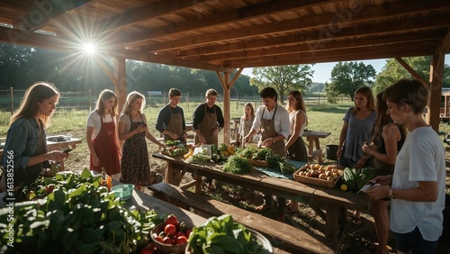 Outdoor Cooking Class with Fresh Produce Under a Rustic Wooden Shelter at Sunset