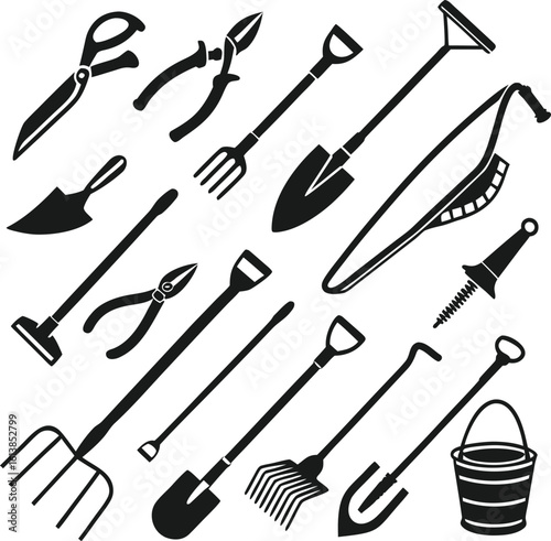 Collection of hand drawn garden tools and equipment