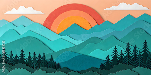 Paper cut mountain landscape with teal peaks, pine trees, orange sunset, and clouds. Layered textured illustration.