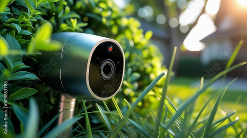 A modern security camera discreetly monitors outdoors amidst lush green foliage at sunset.