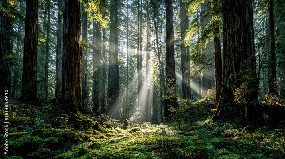 Obraz premium Sunlight streams through ancient forest (1)