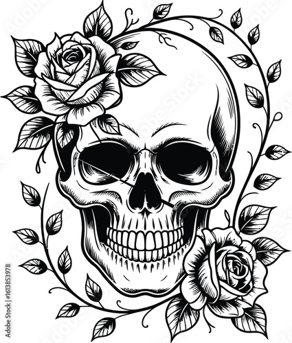 Skull Adorned with Roses and Vines human skull flowers