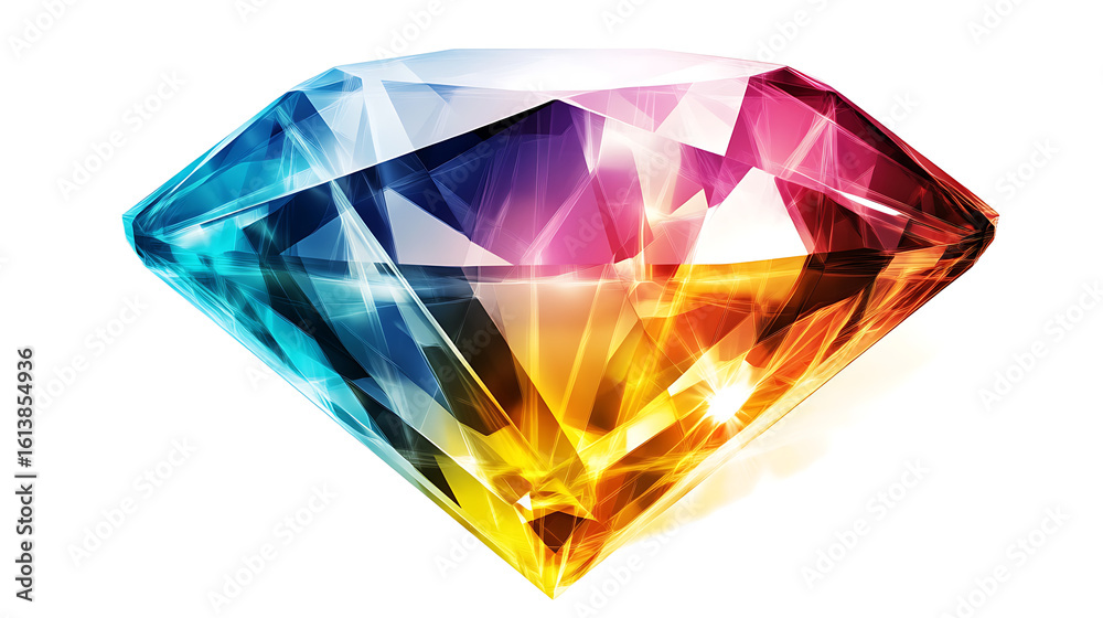 A vibrant diamond with facets displaying a spectrum of colors against a white background A vibrant diamond with facets displaying a spectrum of colors against a white background