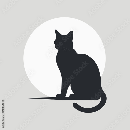Elegant black cat silhouette sits serenely against a soft moonlit backdrop, evoking calm and mystery