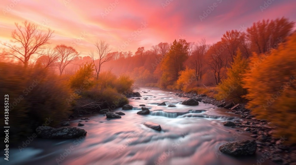 Naklejka premium A river flows amid autumn trees under a red and orange sky surrounded by rocks