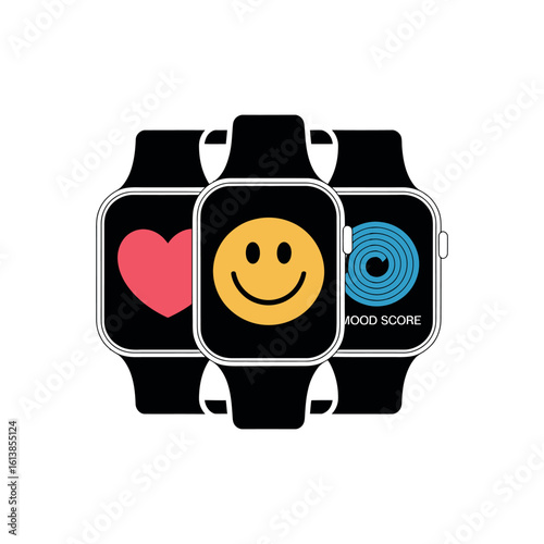 Three smartwatches displaying heart mood and spiral icons on screens wearable technology