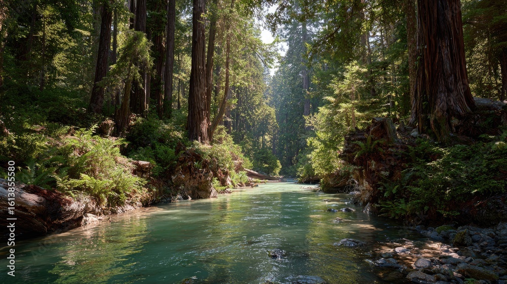 Obraz premium Sunlight streams through ancient redwood forest, tranquil river