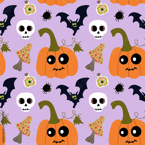 Vector Seamless Pattern with bat, scull,cute pumpkin, spider, poison bottle, fly agaric, on purple background for Halloween. For printing, packaging, backdrops, stickers, posters, creepy decorations.
